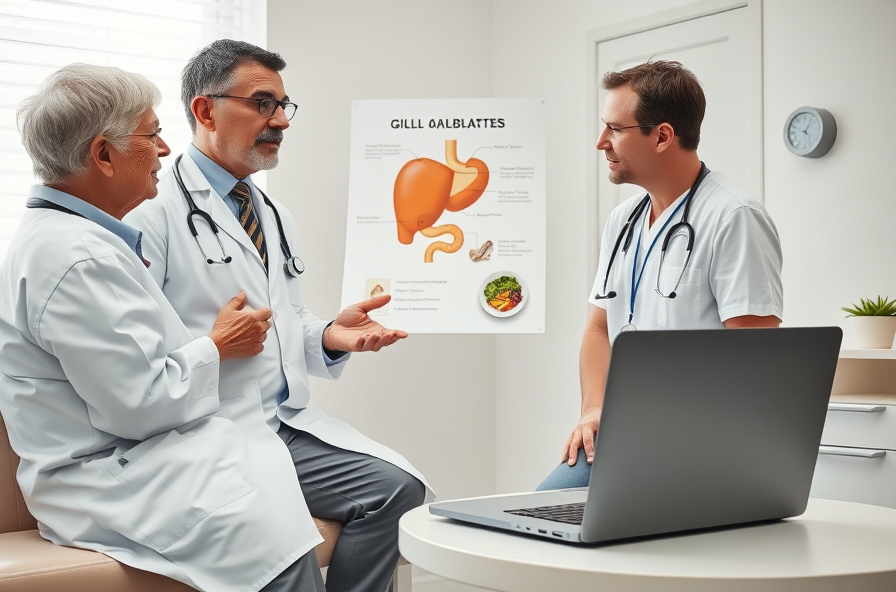 doctor explaining gallstones with food display nearby