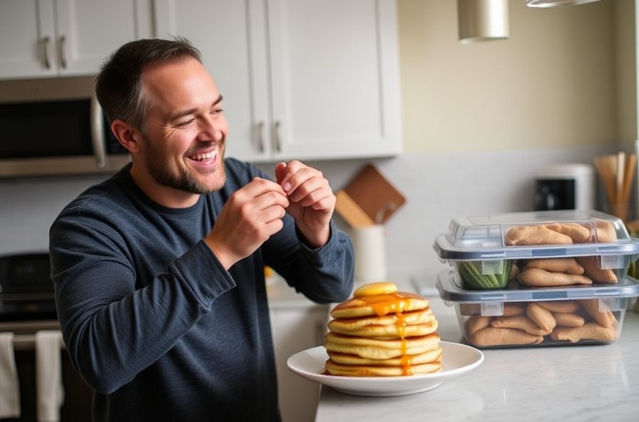 smiling man enjoys pancakes in home kitchen with meal prep nearby