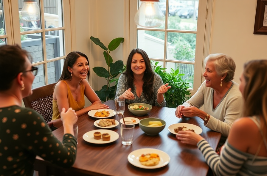 woman laughs with friends at dining table sharing small treats