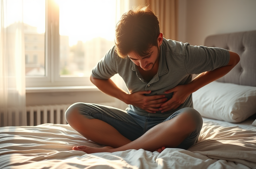 person in pain holding stomach on bed in morning light