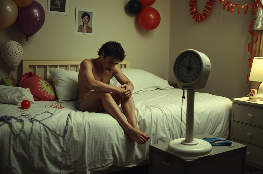 tired person sits on bed looking at bathroom scale