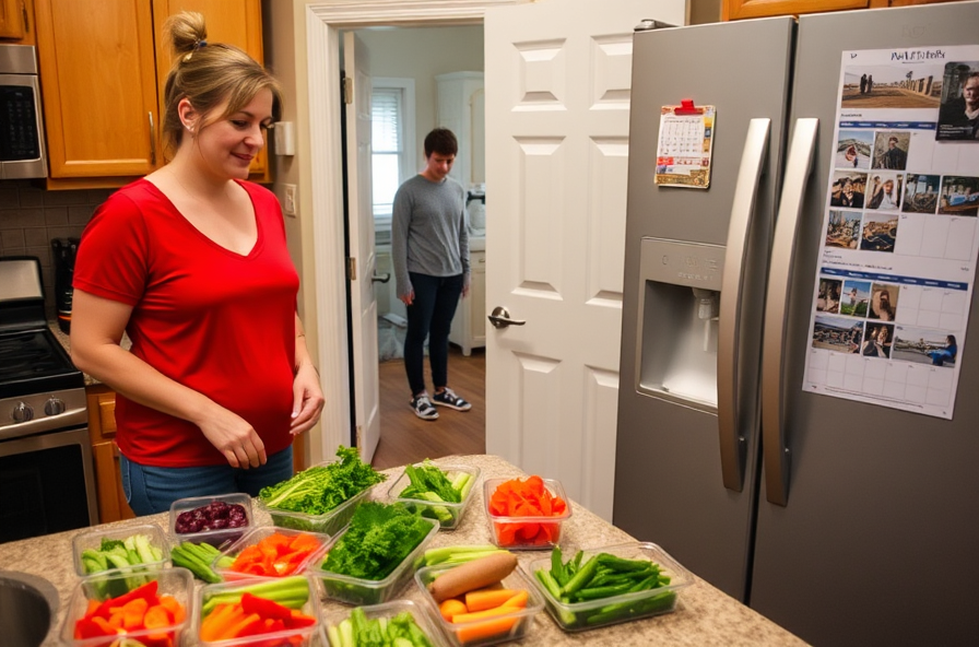 woman preps vegetables while friend ties sneakers nearby