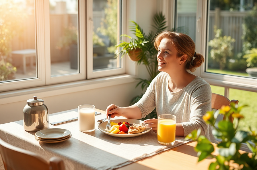 relaxed person enjoys breakfast at sunny table