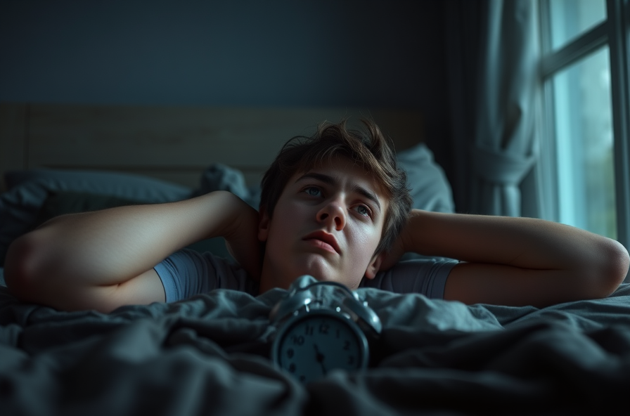 tired young person stares at ceiling in dark bedroom