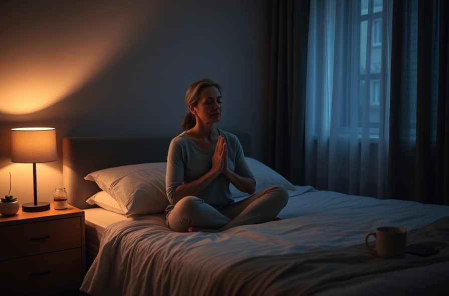 woman sits on bed holding tea in calm dimly lit room