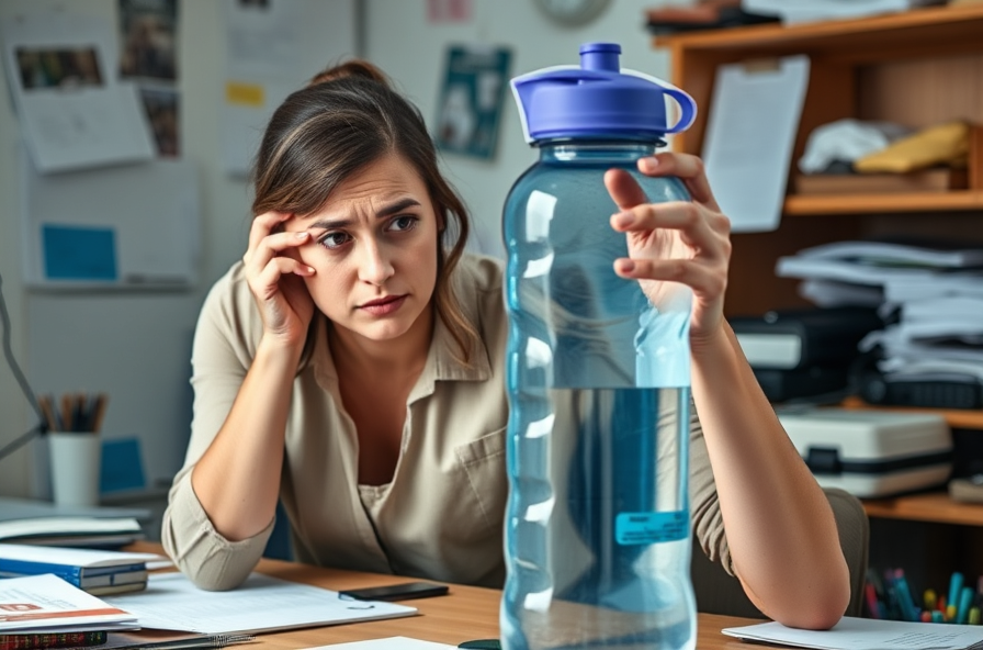 tired woman looking at large water bottle on messy desk