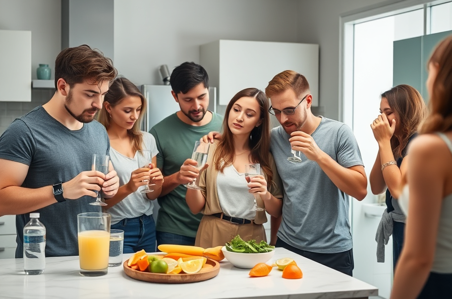 people pour water check trackers and look at healthy snacks