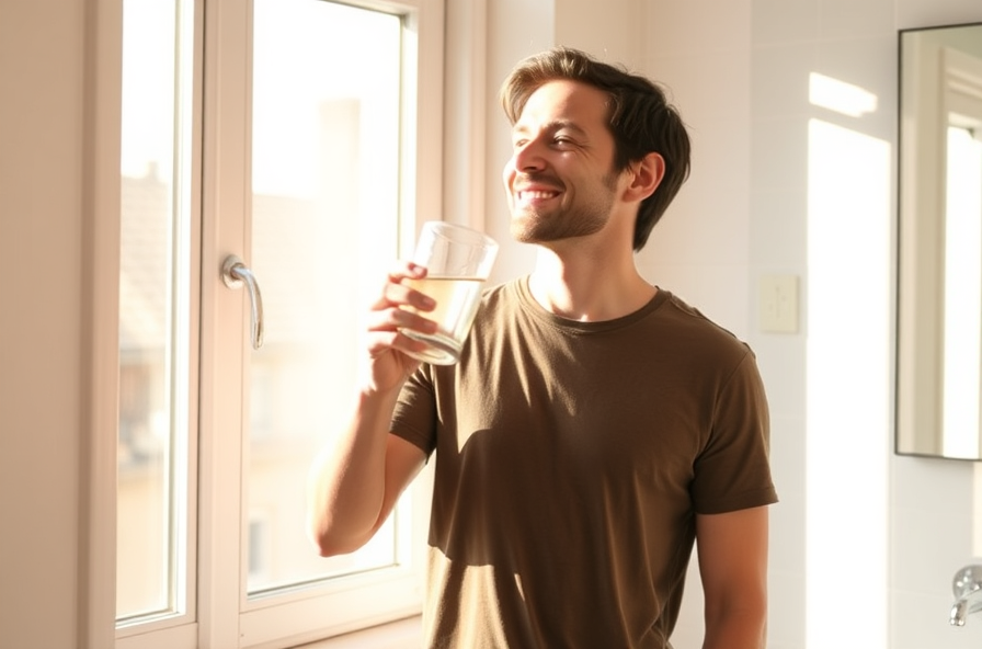 relaxed person drinks water by window smiling at urine color
