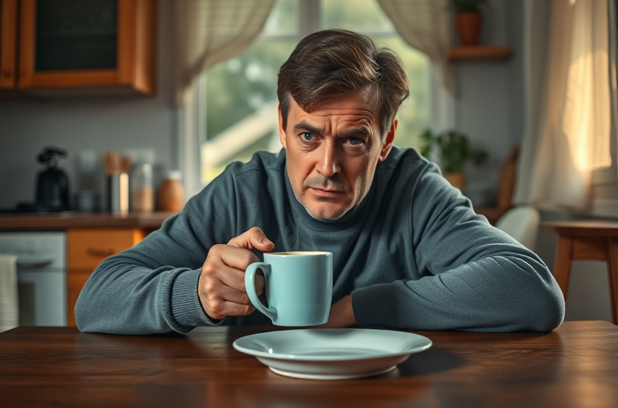 tired person with coffee mug at kitchen table in morning