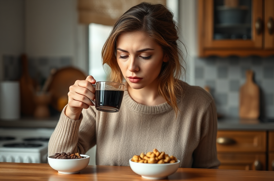 woman with black coffee and untouched nuts holding her stomach