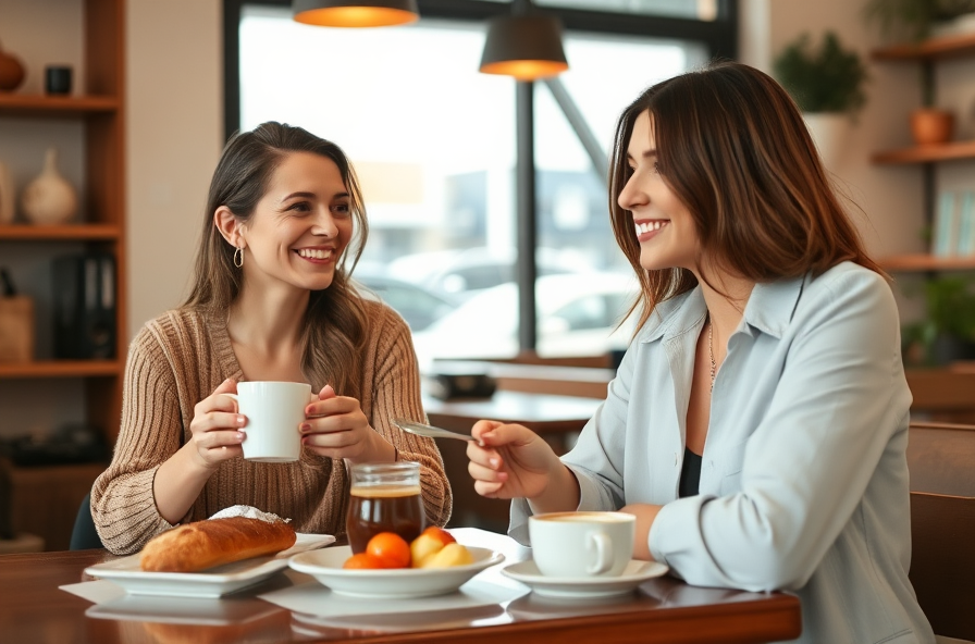 relaxed woman smiling enjoying coffee and breakfast at table