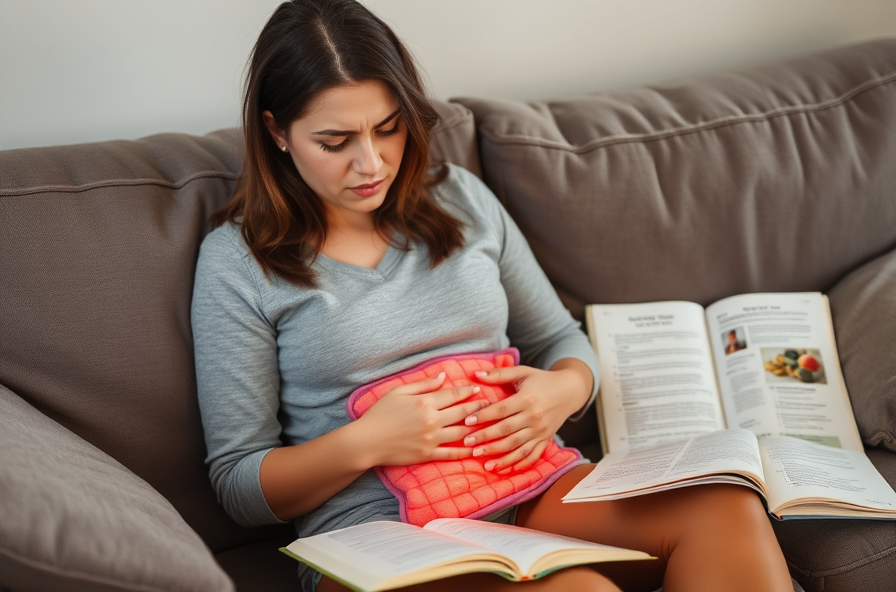 young woman holding heating pad on couch looking uneasy