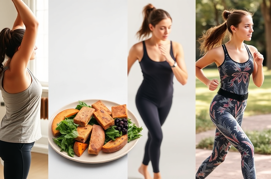 women doing yoga eating greens and walking outdoors