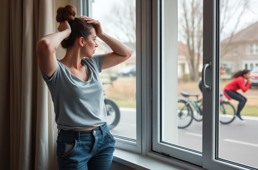 woman stands at window holding forehead looking outside