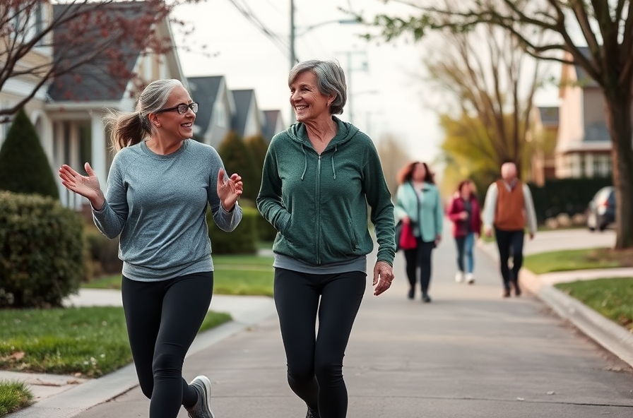 two women walk together in athletic clothes on suburban street