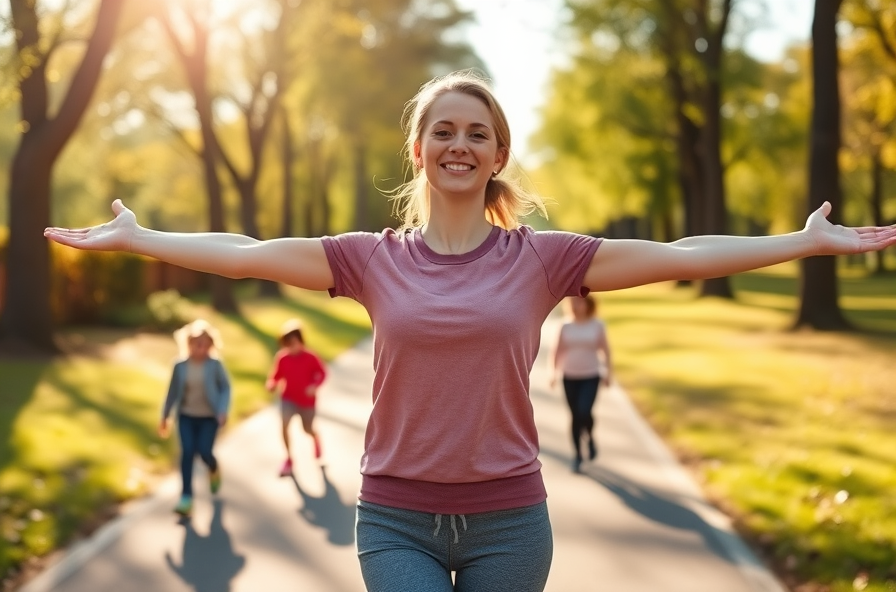 smiling woman stretches in park after walk children play nearby