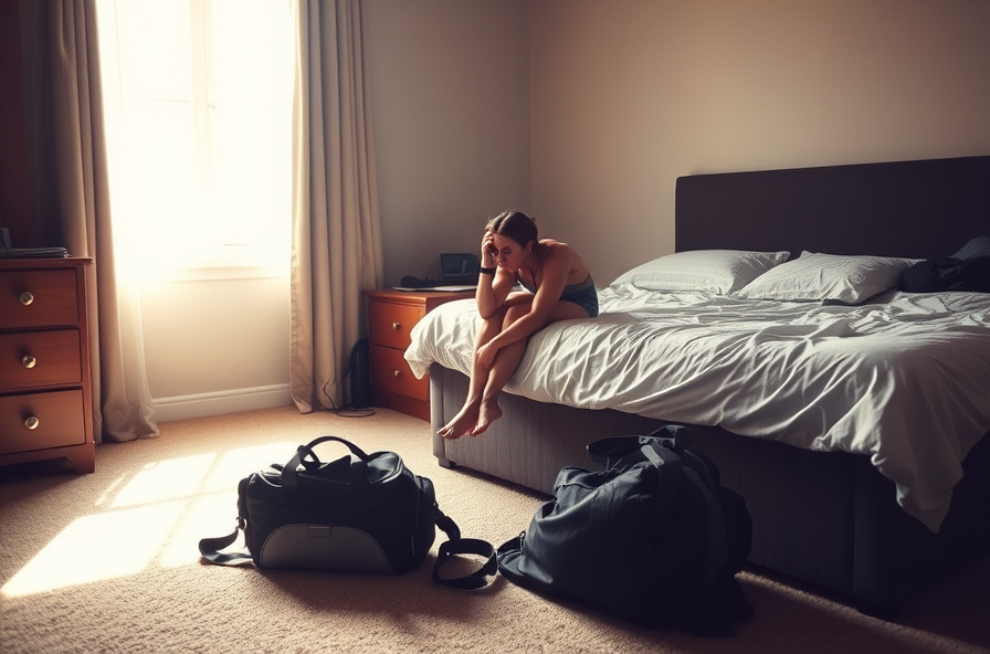 tired person sits on edge of bed with gym bag on floor