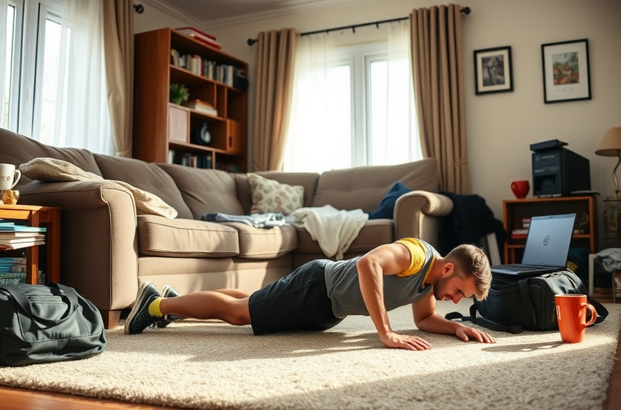 man in workout clothes does pushups on living room carpet