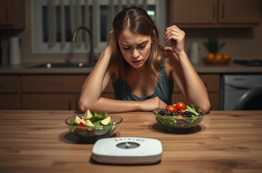 woman sits at kitchen table staring at scale in frustration