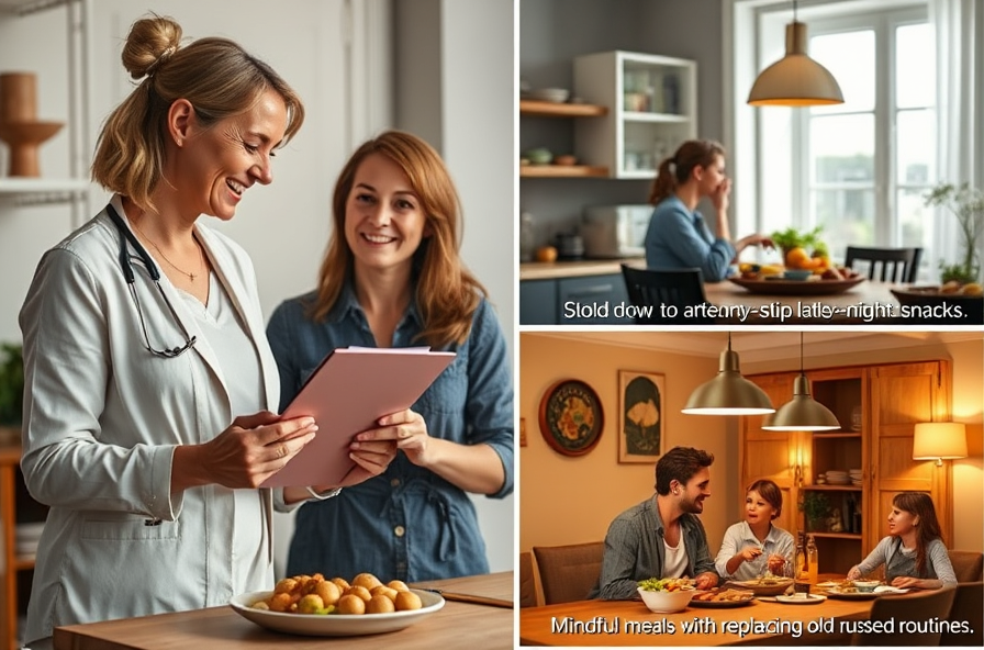 dietitian advises woman who eats slowly with family at kitchen