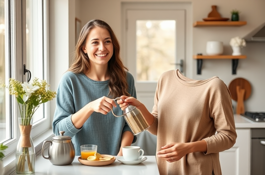 relieved woman smiles preparing breakfast in bright kitchen
