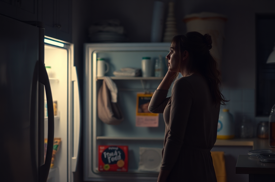 tired woman in dim kitchen looks at open refrigerator