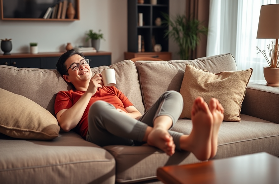 relaxed person smiles with tea after home yoga in living room