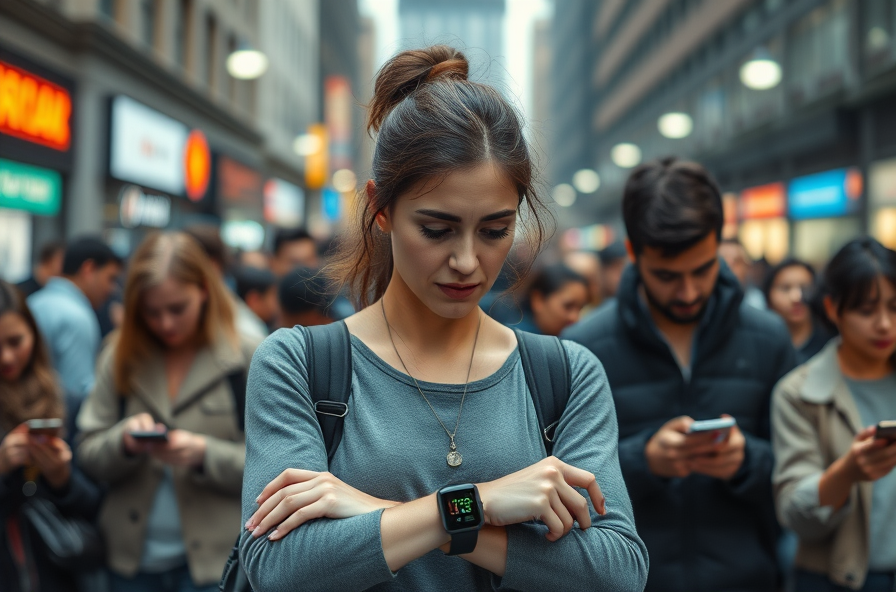 young woman checks smart watch in busy city street