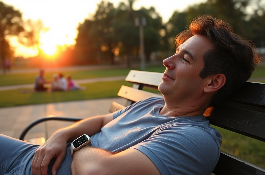 person relaxes on park bench wearing a fitness tracker