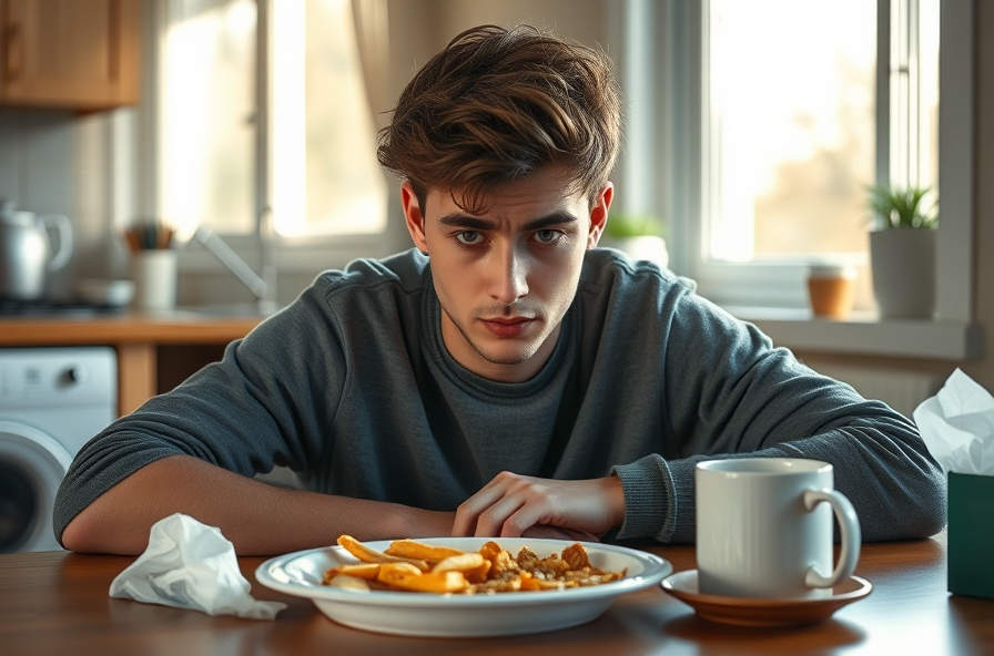 tired young adult with dark circles at kitchen table