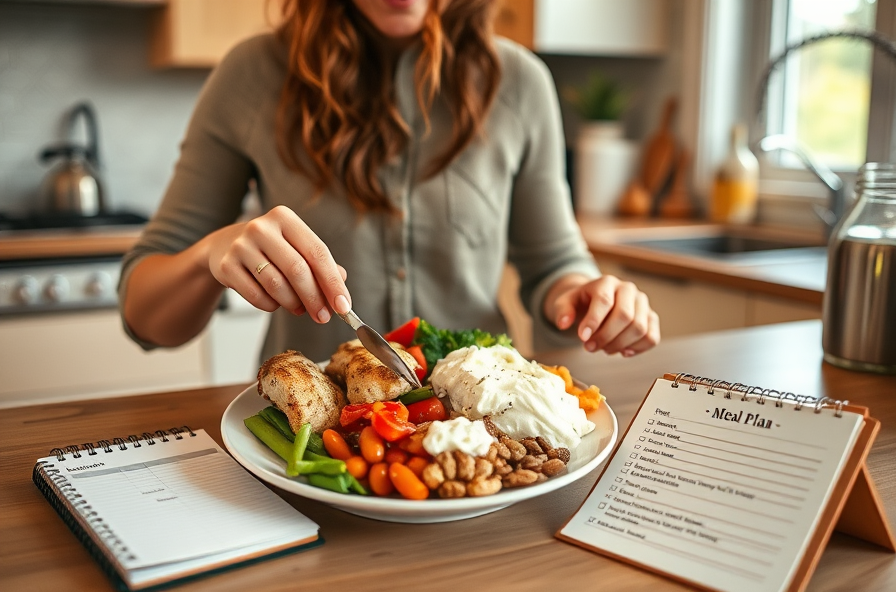 person preparing colorful meal with notepad in kitchen