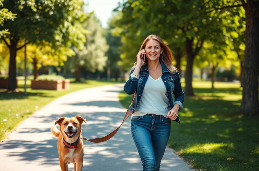 smiling person walking dog in park on sunny day