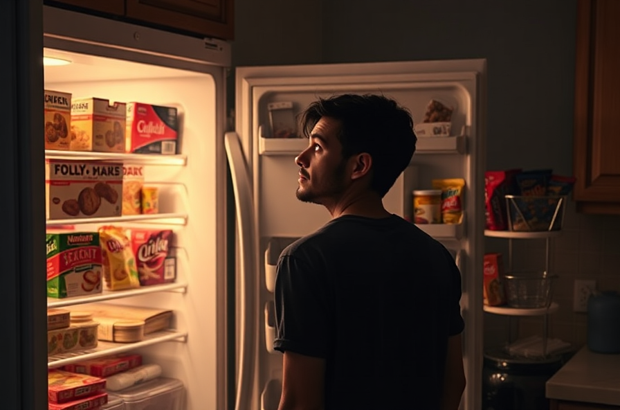 tired adult looking into cluttered fridge at night