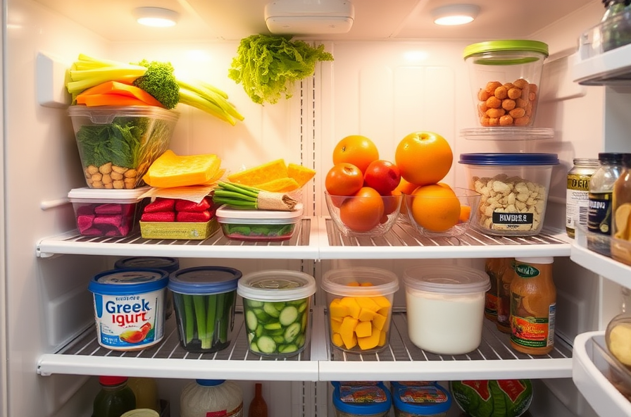 person arranging colorful fruits and yogurt in fridge