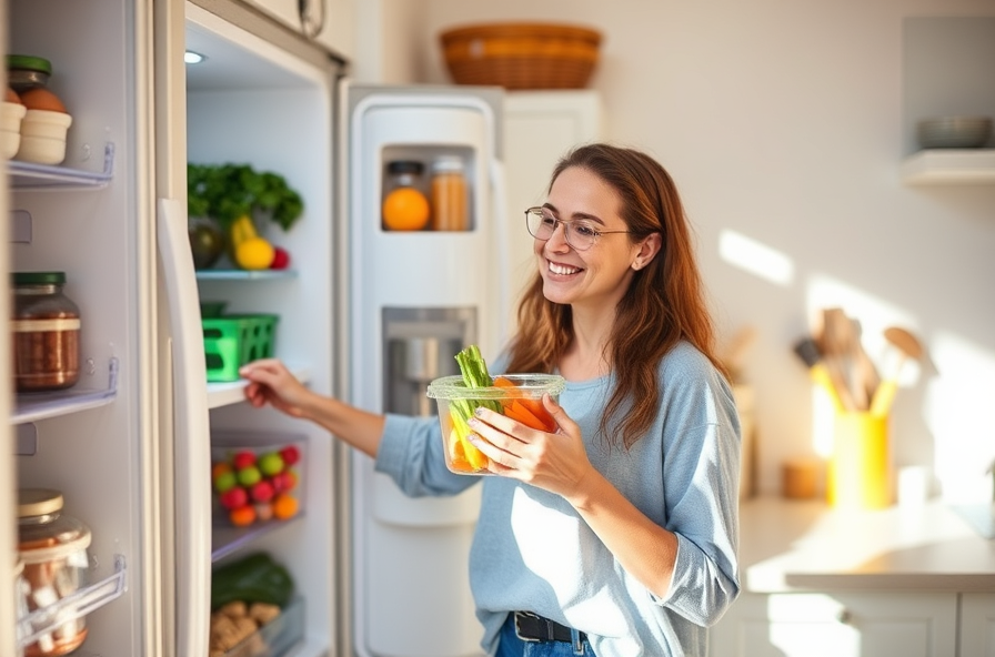 relaxed adult grabbing prepped veggies from bright fridge