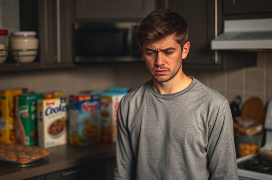 tired person in kitchen looking at counter of baked goods