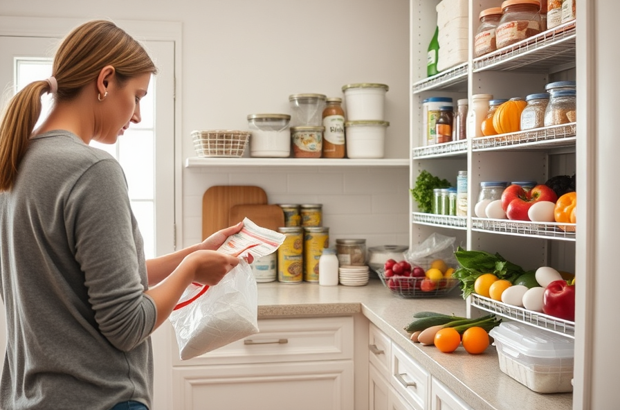 someone packs away flour foods and adds fresh produce to shelves
