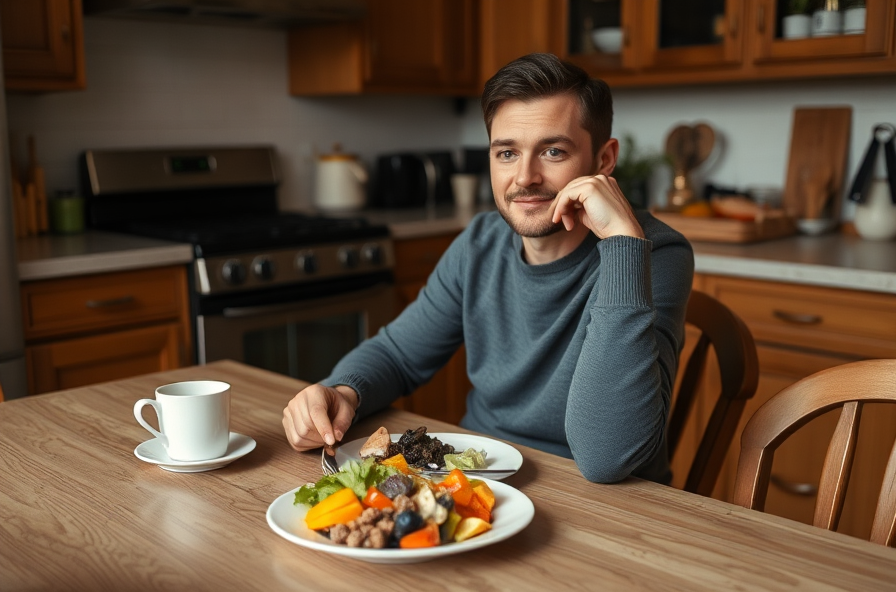 person sits at table with whole foods looking calm and content