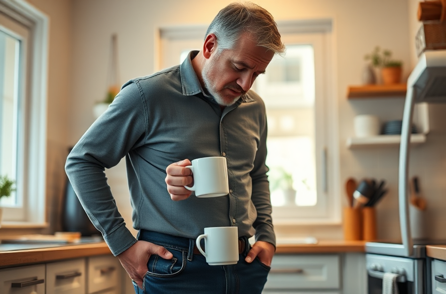 tired man in kitchen holding coffee looking at tight jeans
