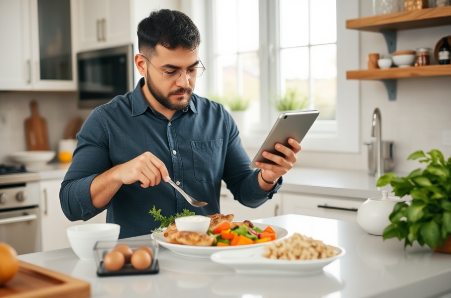 man preparing healthy meal with tablet in bright kitchen