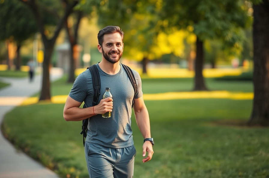 man walking in park wearing fitness clothes smiling