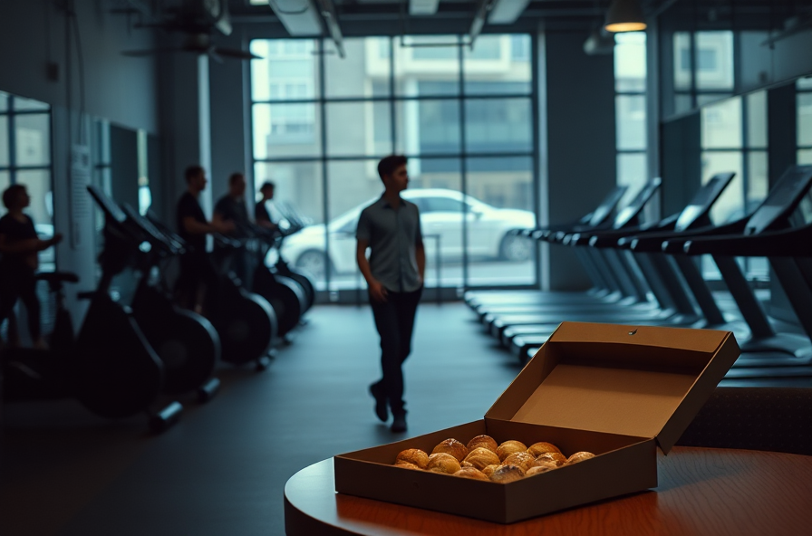 tired person walking alone in a dim gym with pastries nearby