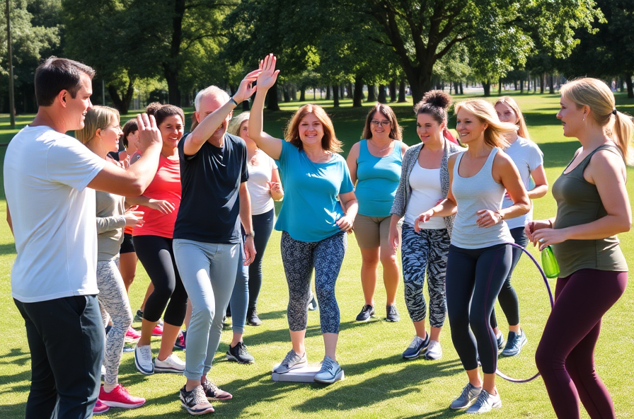 group of adults in park laughing and playing fitness games together