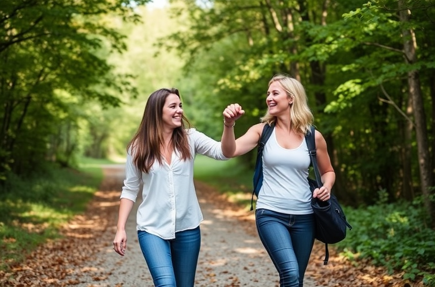two friends on trail laughing and giving a fist bump outdoors