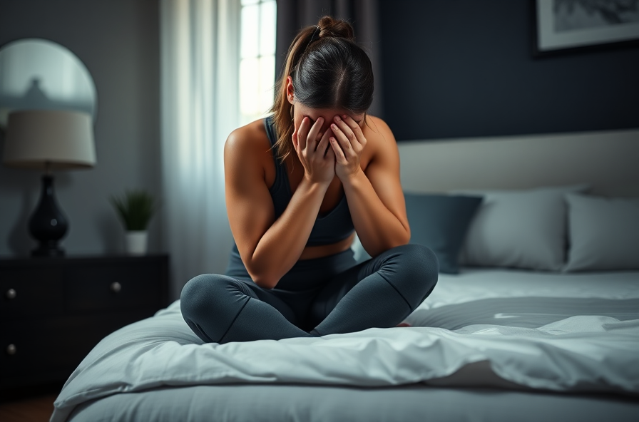 tired woman in workout clothes sits on bed head bowed