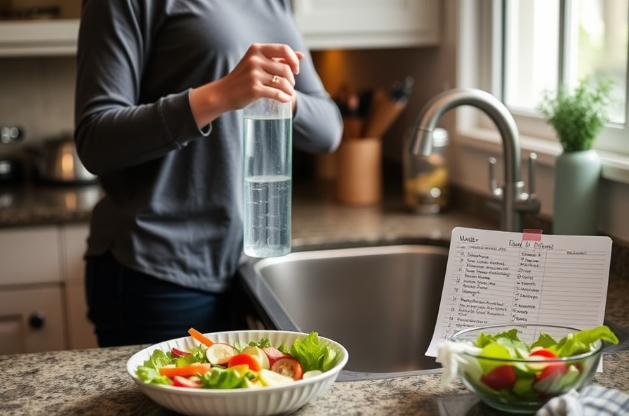 person fills water bottle in kitchen with meal plan and salad