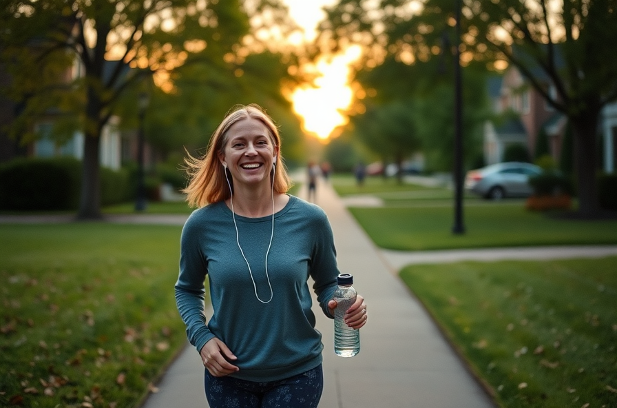 woman smiles walking outside at dusk with water bottle
