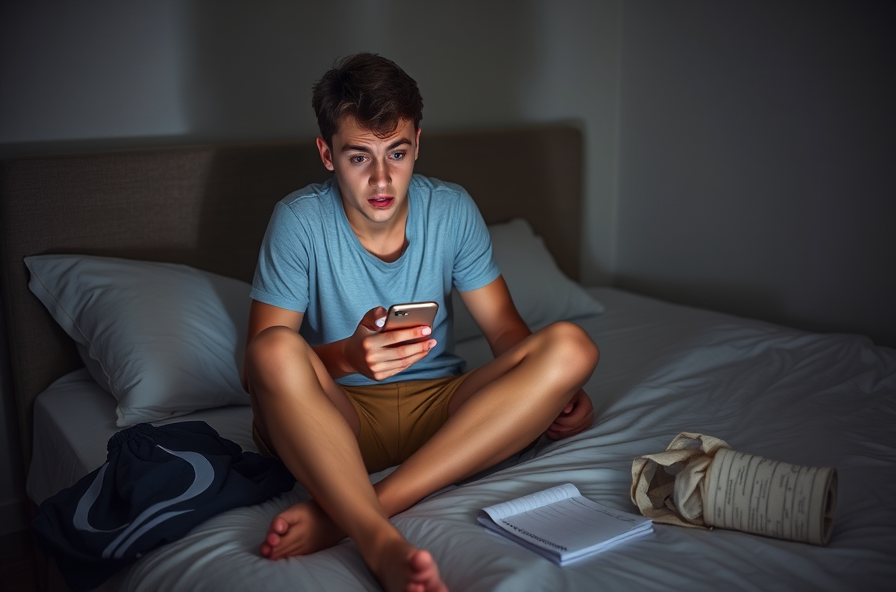 young adult sits on bed holding phone in dimly lit room