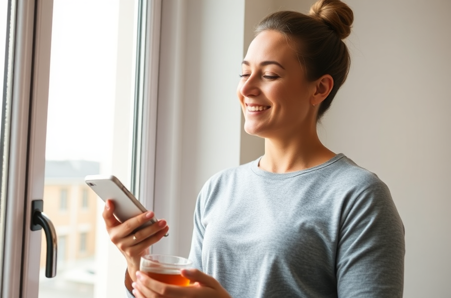 smiling person checks progress by window with tea and fruit nearby