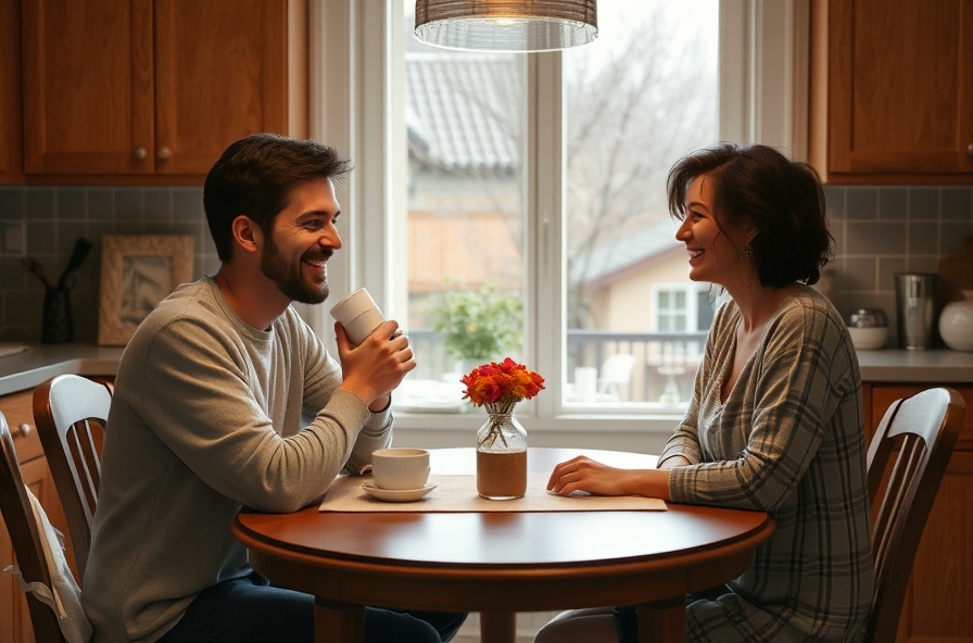 relaxed person smiling sipping warm drink at kitchen table